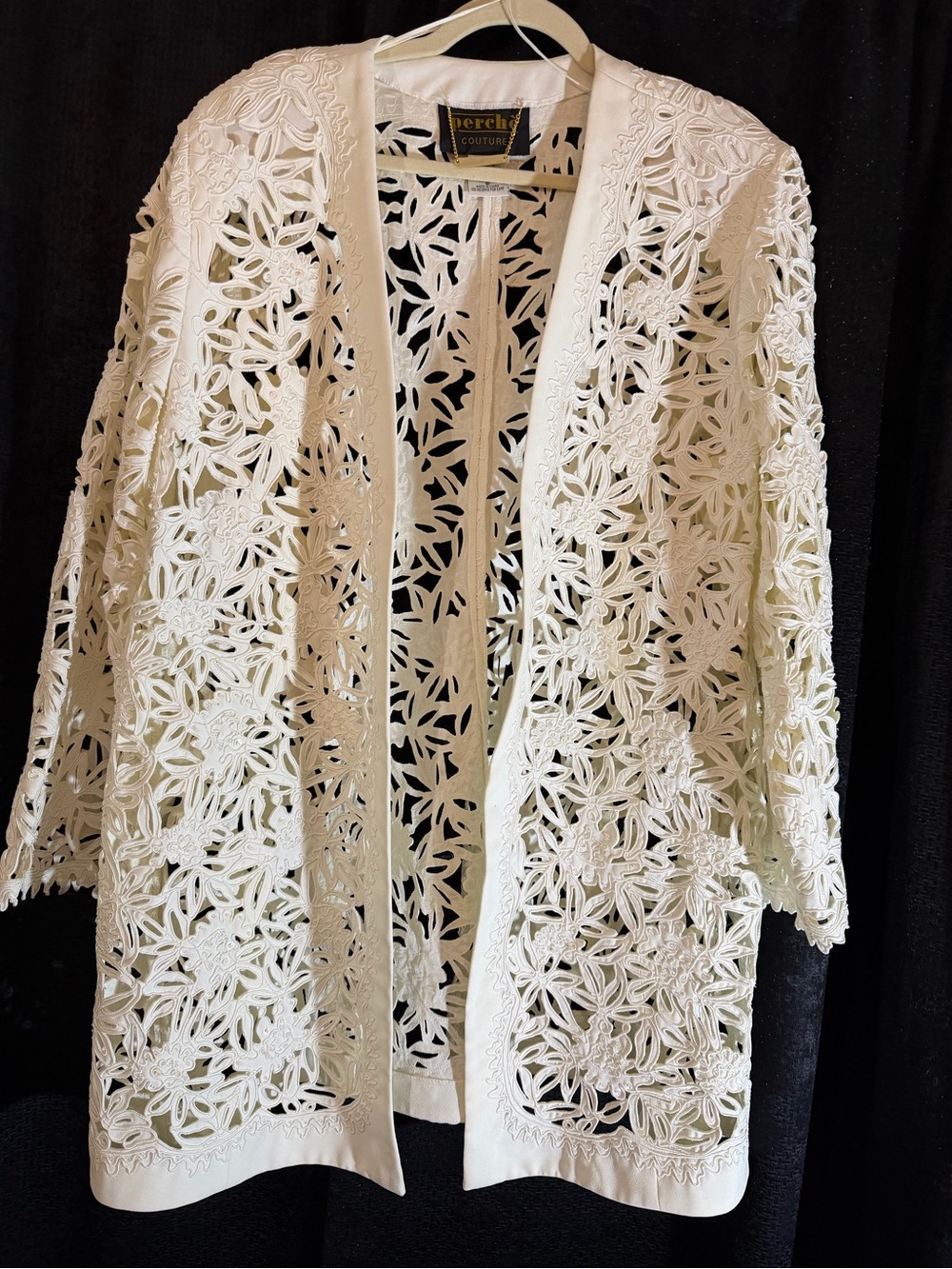 35” Long Size 24 Perchè Couture White Floral Cutwork Open Kimono
